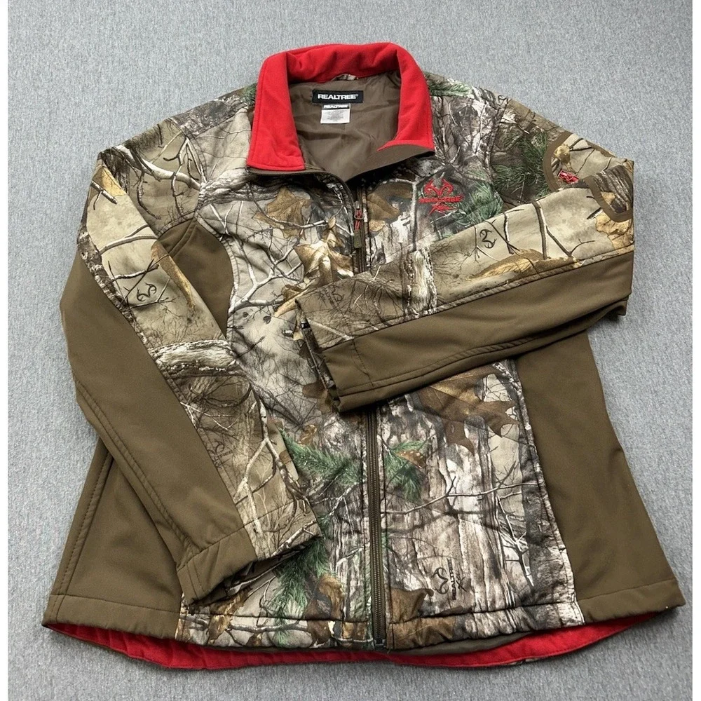 Realtree Xtra Hunting Jacket Mens XL Camo Red Brown Soft Shell Full Zip Coat‎